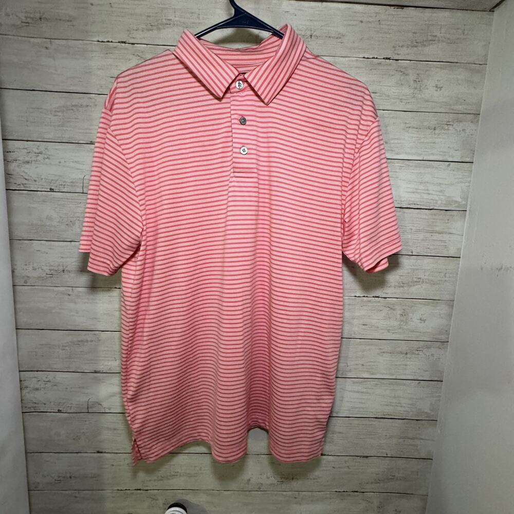 PGA Tour Golf Polo Shirt Mens Medium Pink Coral Striped Collared Short Sleeve